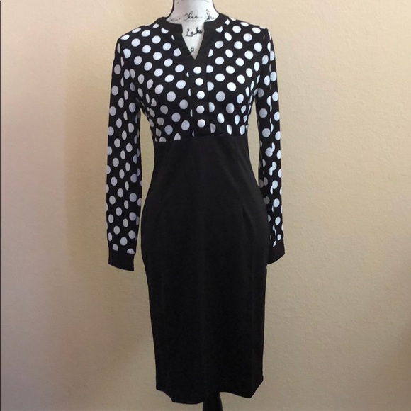 Black and White Long Sleeve Polka Dot Dress - Picture 2 of 6